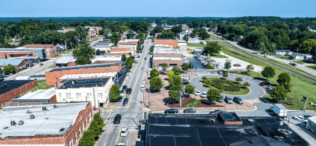 aerial view of downtown clayton north carolina