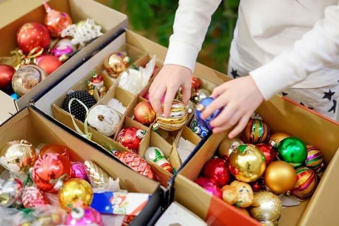 christmas ornaments in boxes