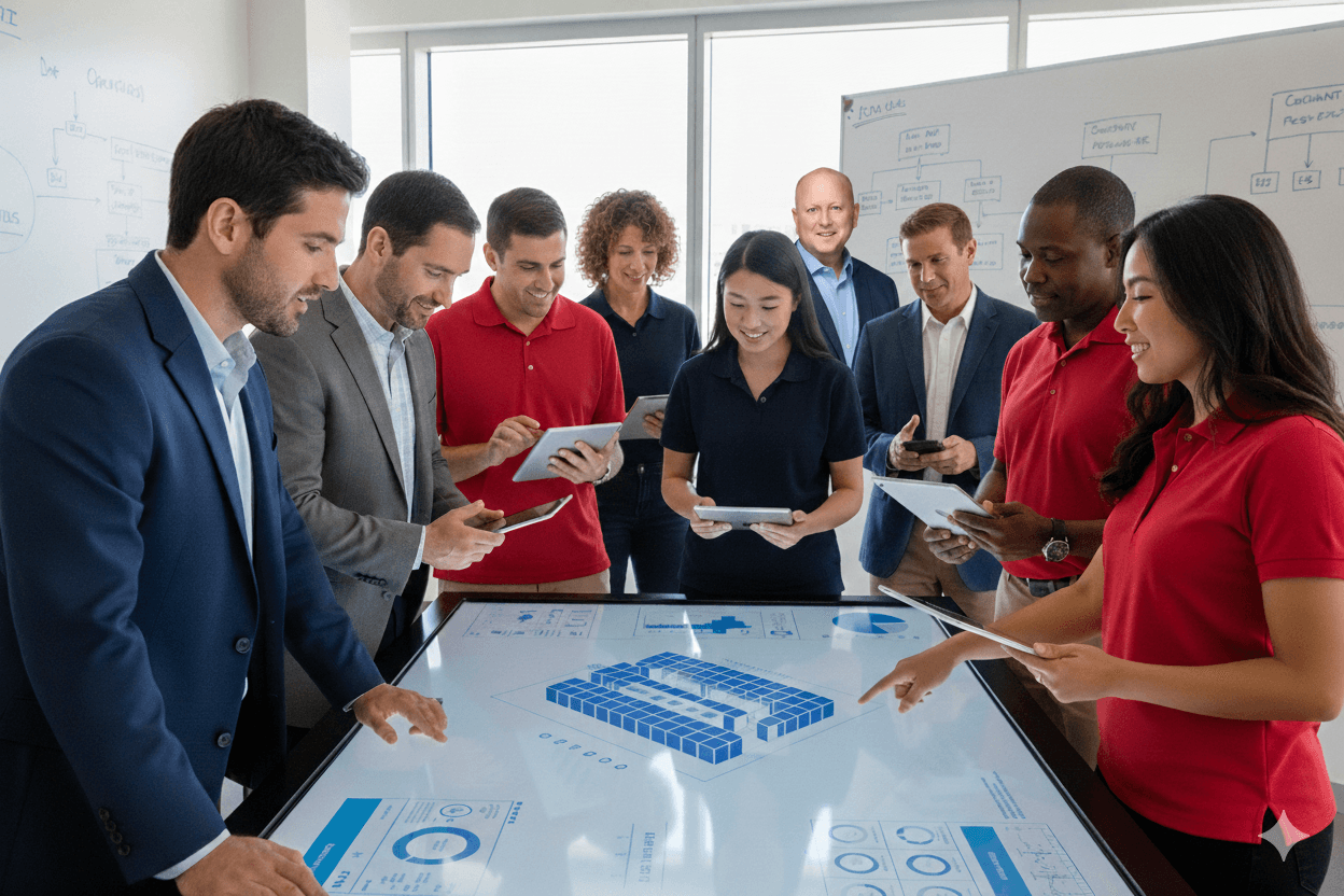 professionals meeting around screen with graphs