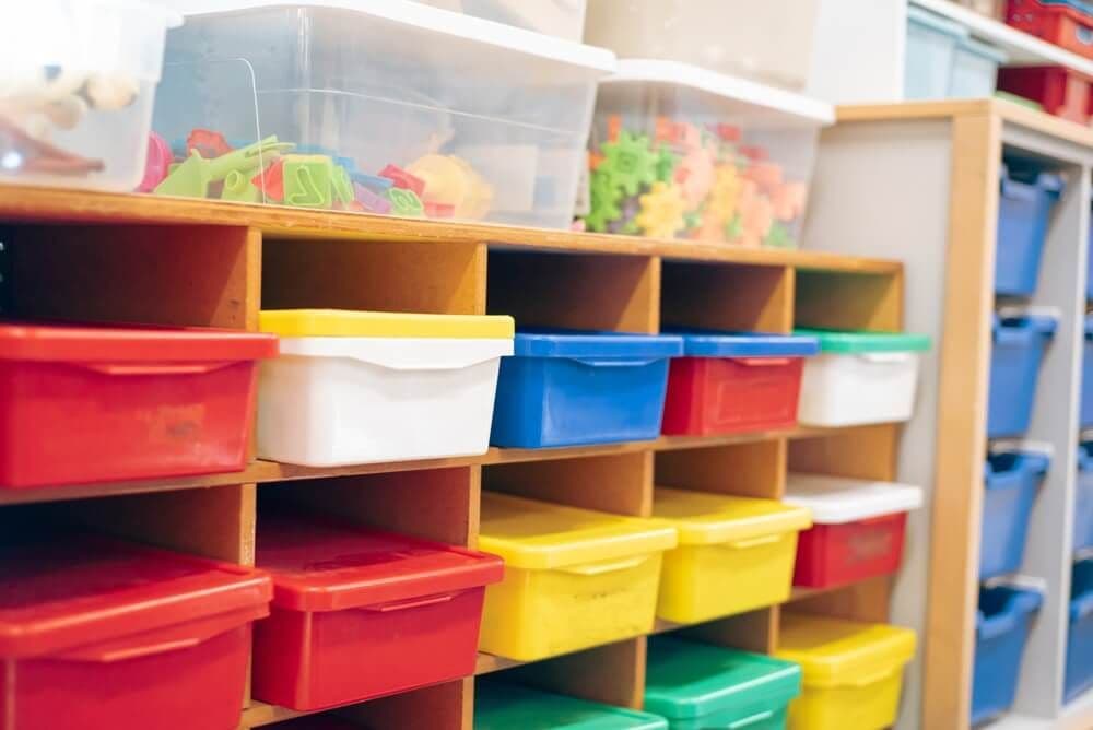 storage containers in classroom