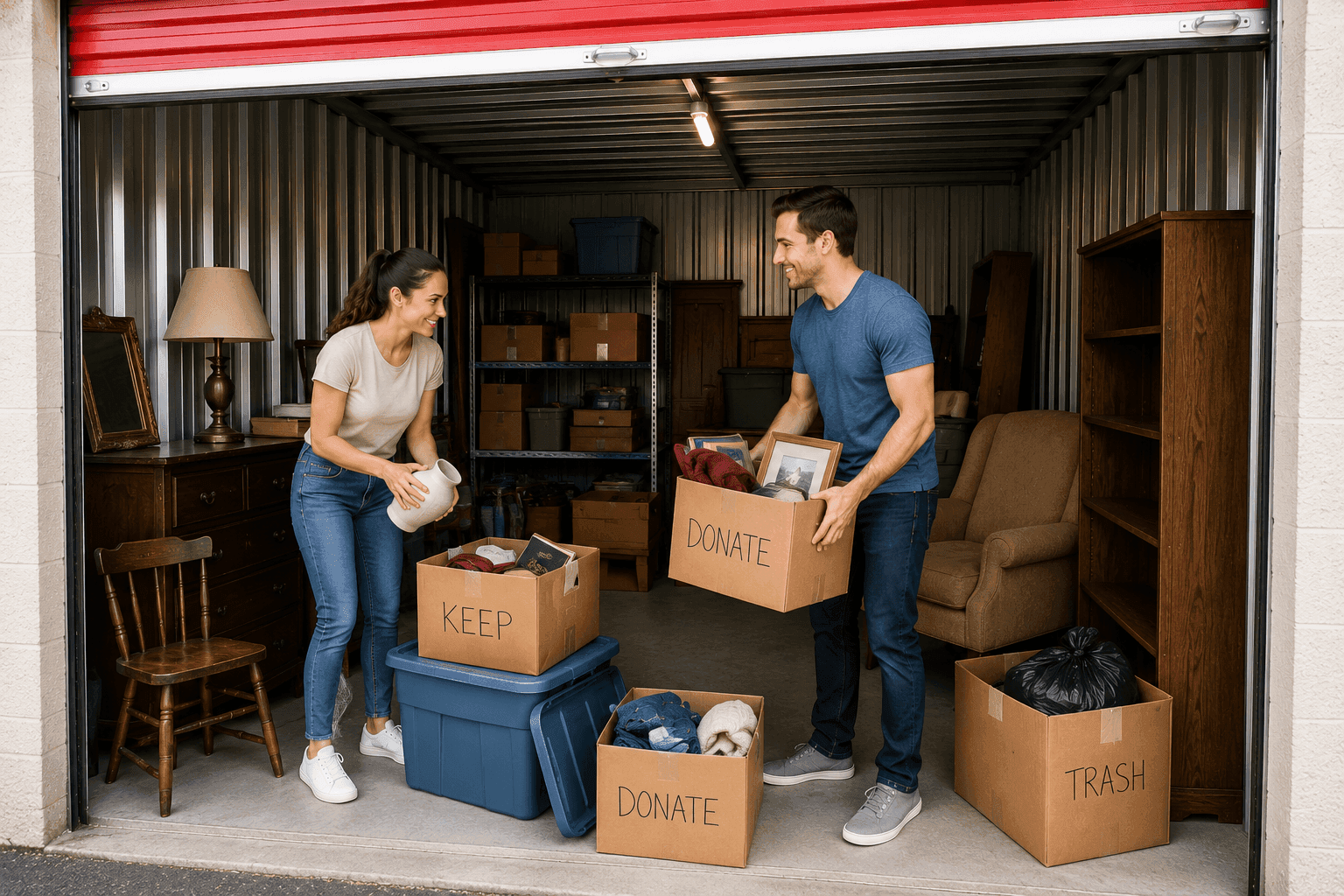 couple cleaning out and decluttering storage unit