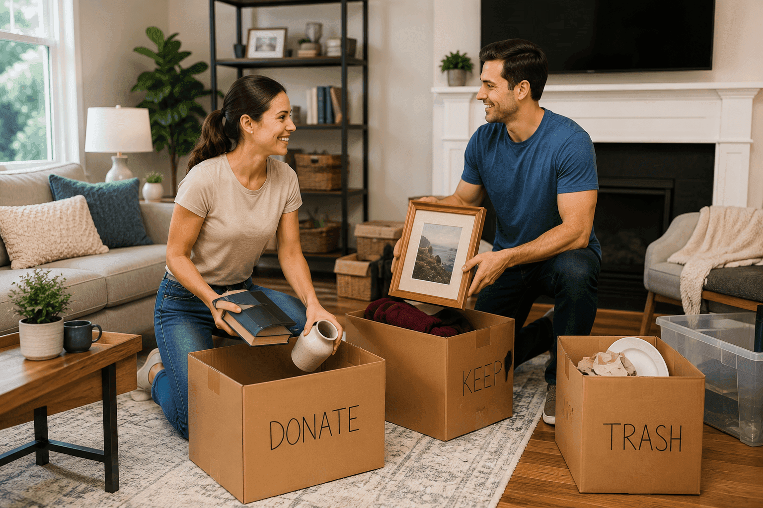couple decluttering their home with things in boxes