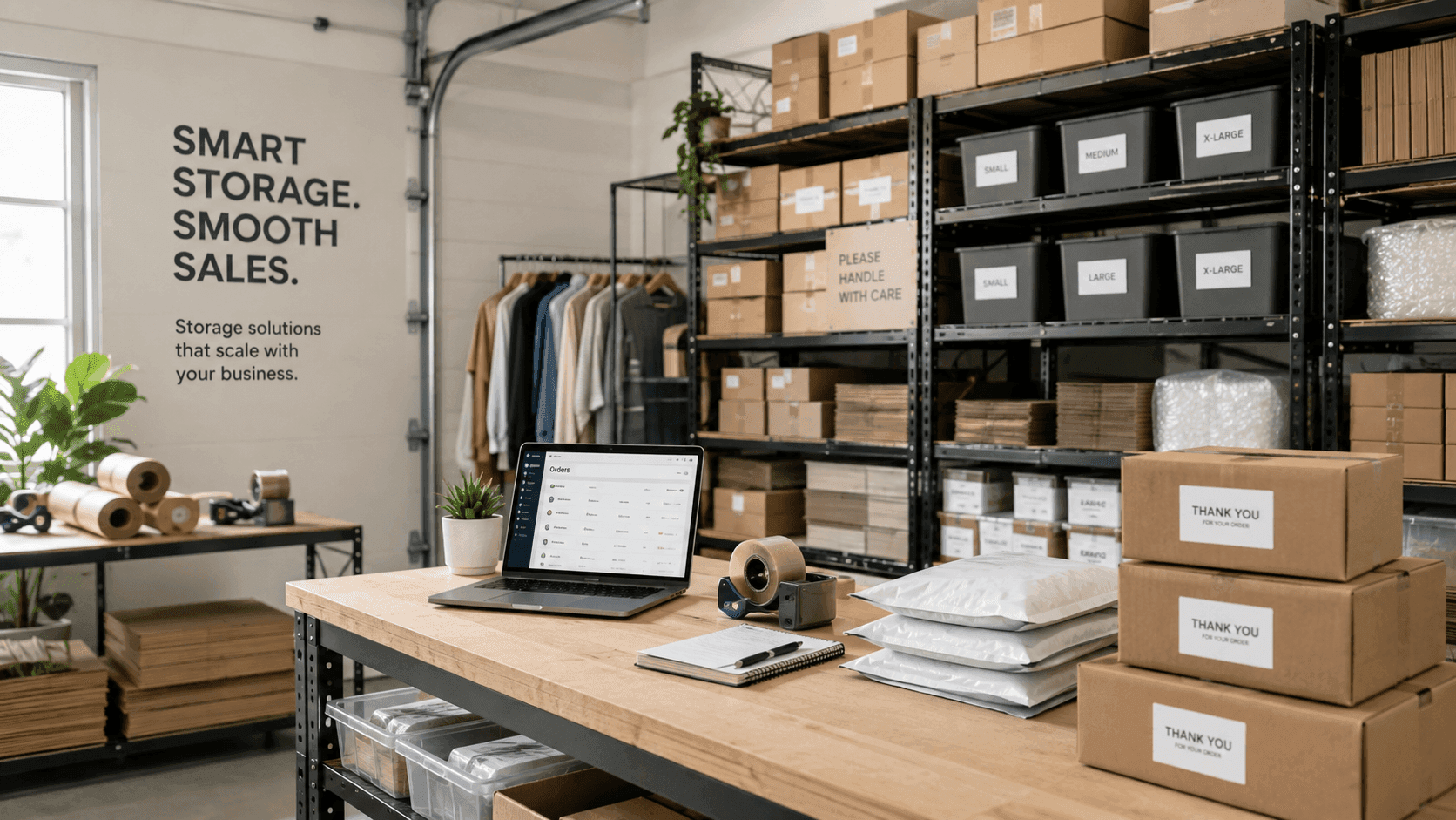 storage boxes on shelves with laptop