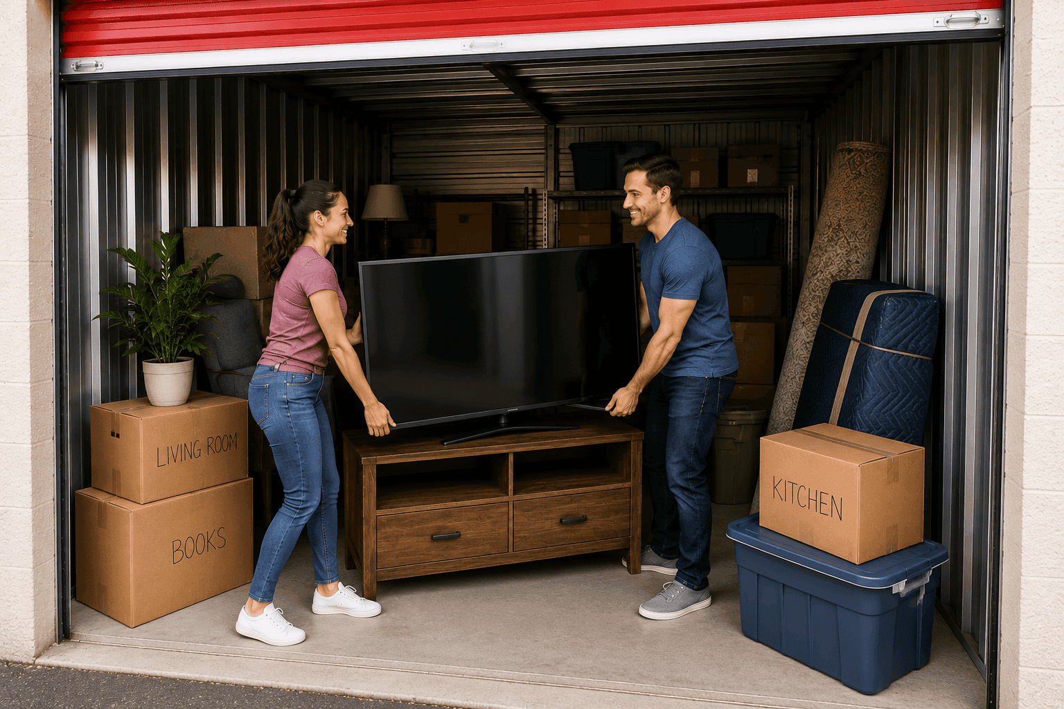 couple moving a tv into a storage unit