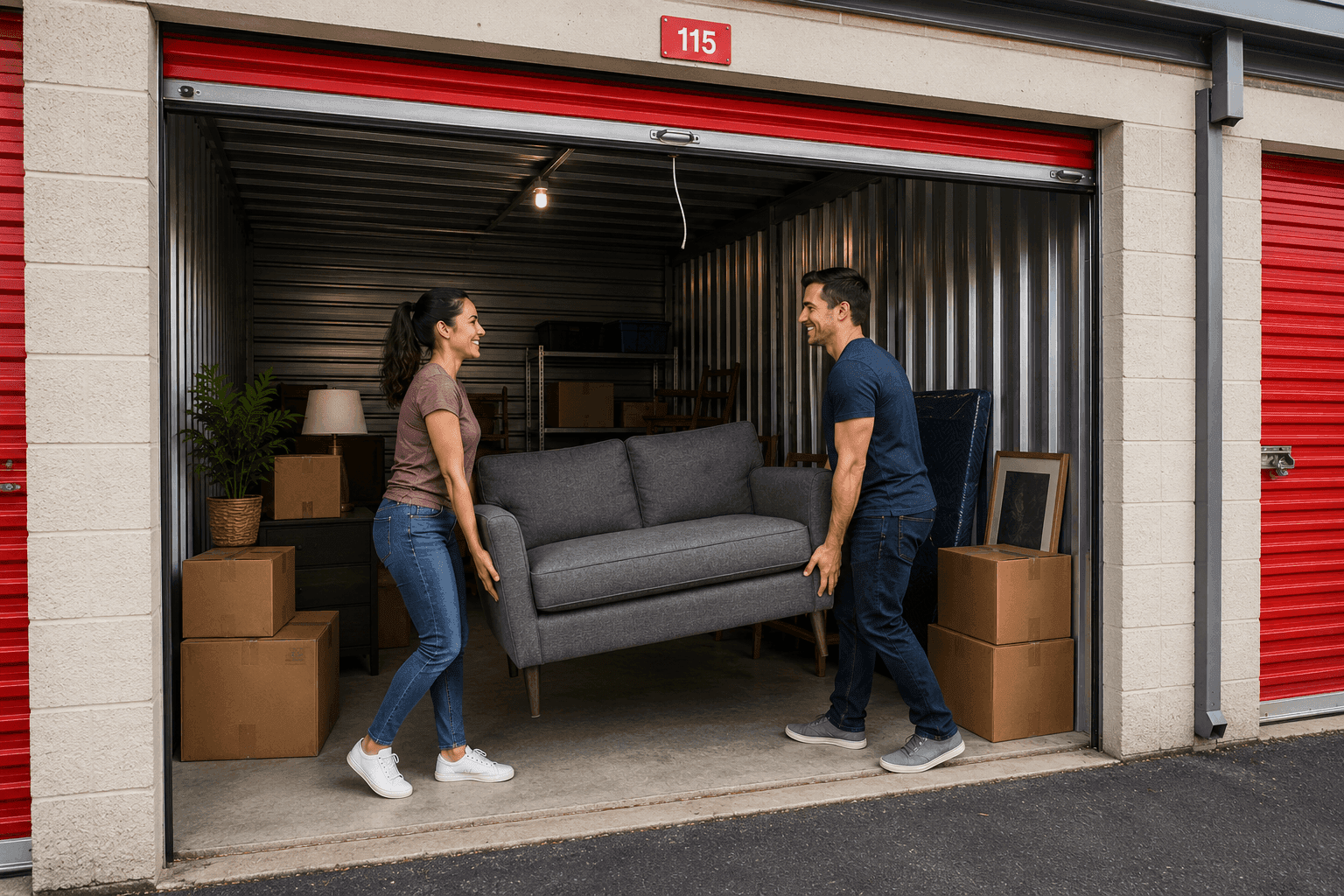 a couple moving furniture into a storage unit