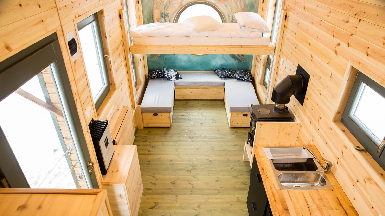 tiny home with wooden walls