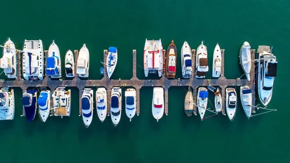 boats lined up in a harbor