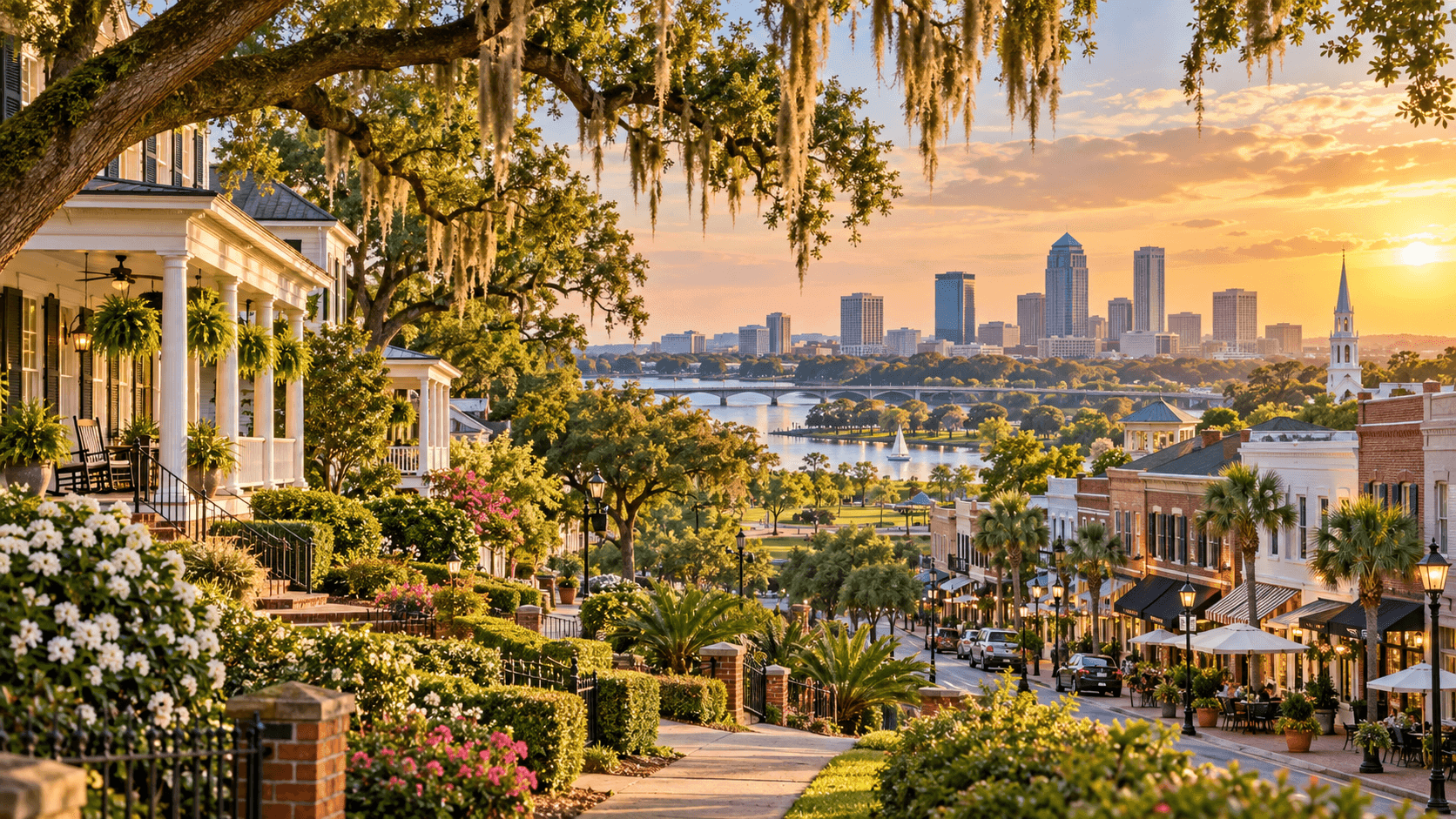 Southern riverfront town at sunset