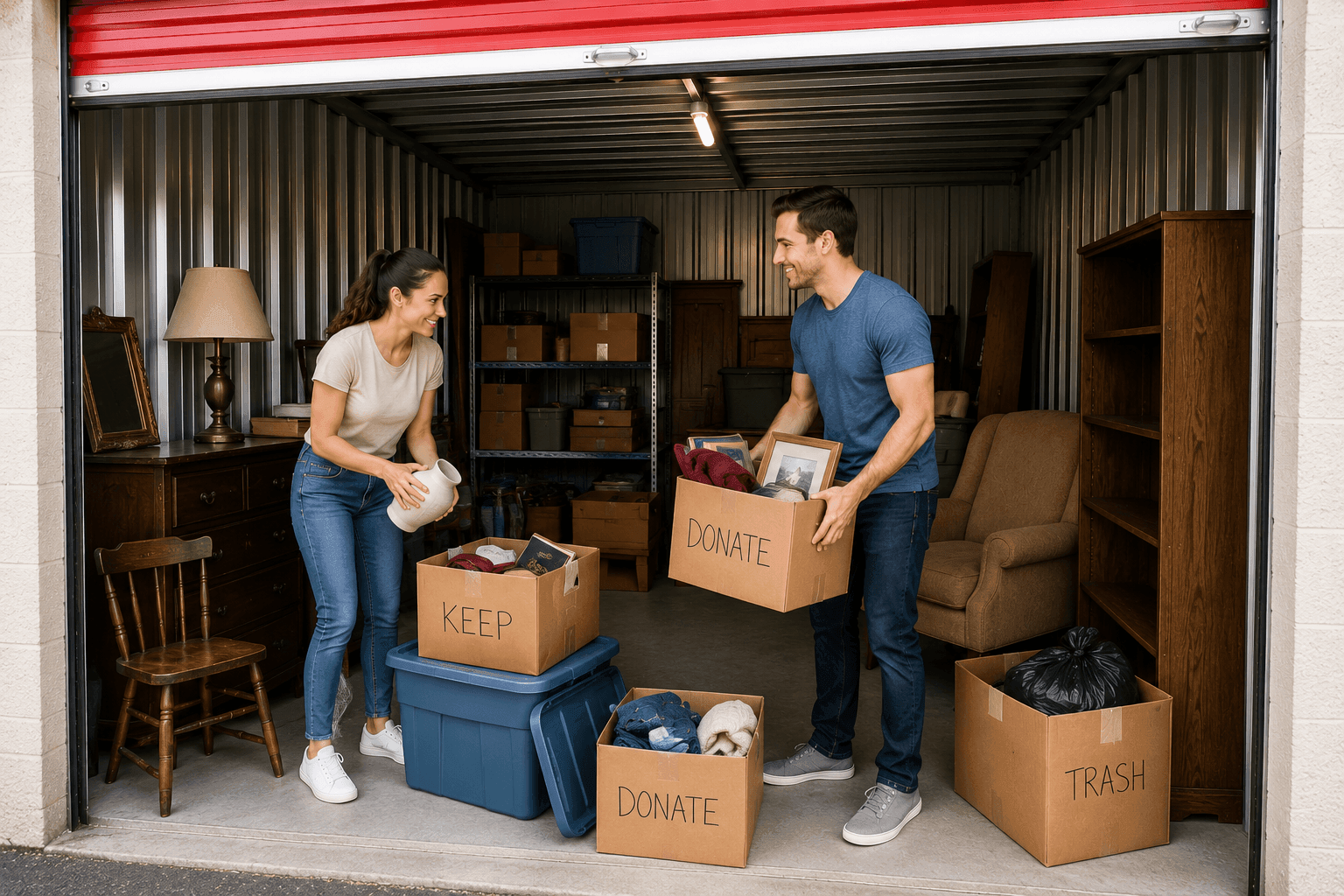 couple cleaning out and decluttering storage unit