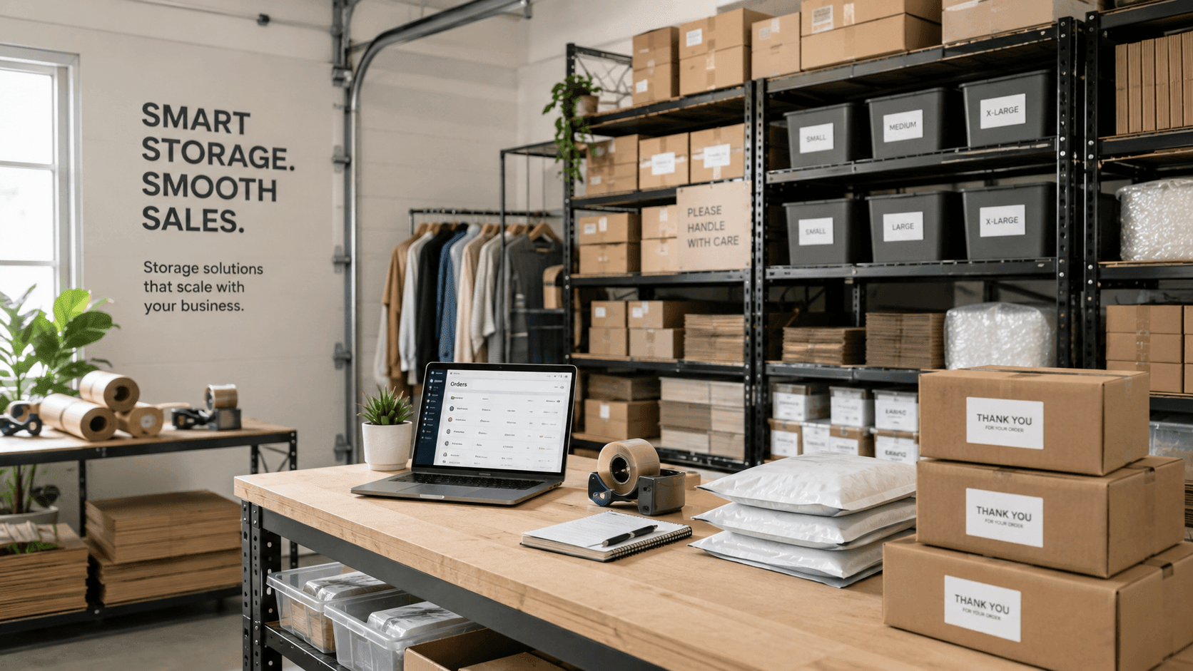 storage boxes on shelves with laptop