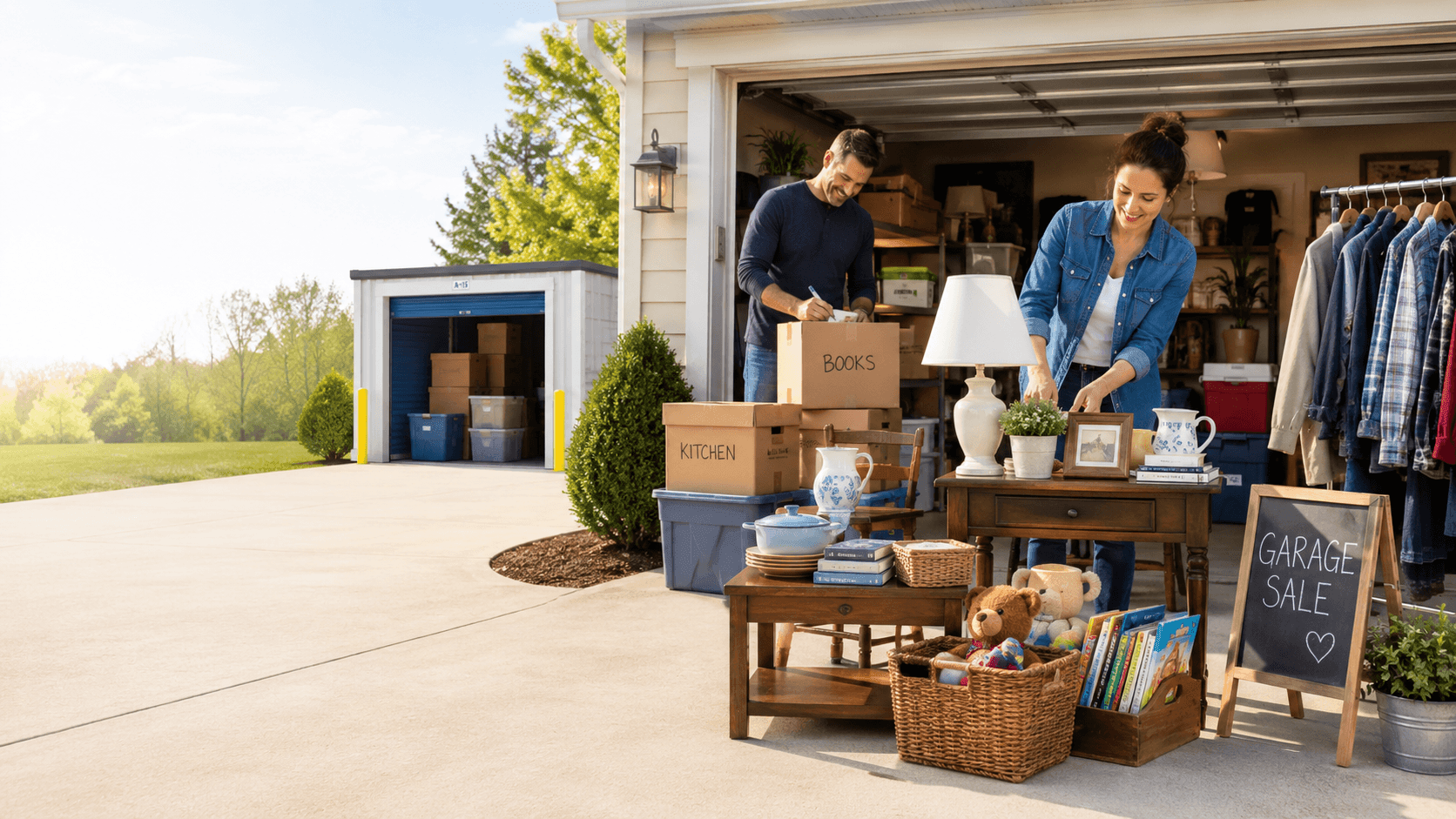 couple having a garage sale and a storage unit next door