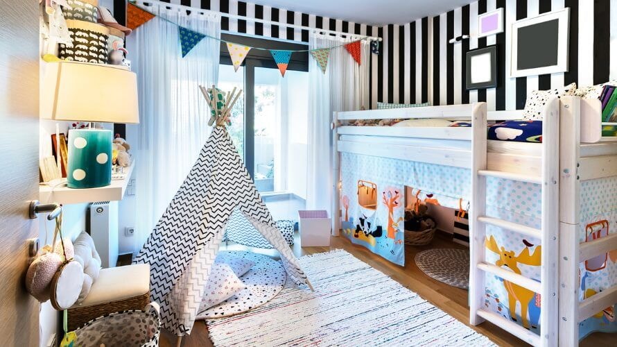 kids bedroom with tent and bunk