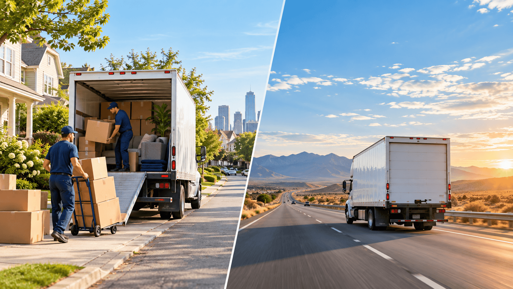 split screen of moving truck in neighborhood vs on highway