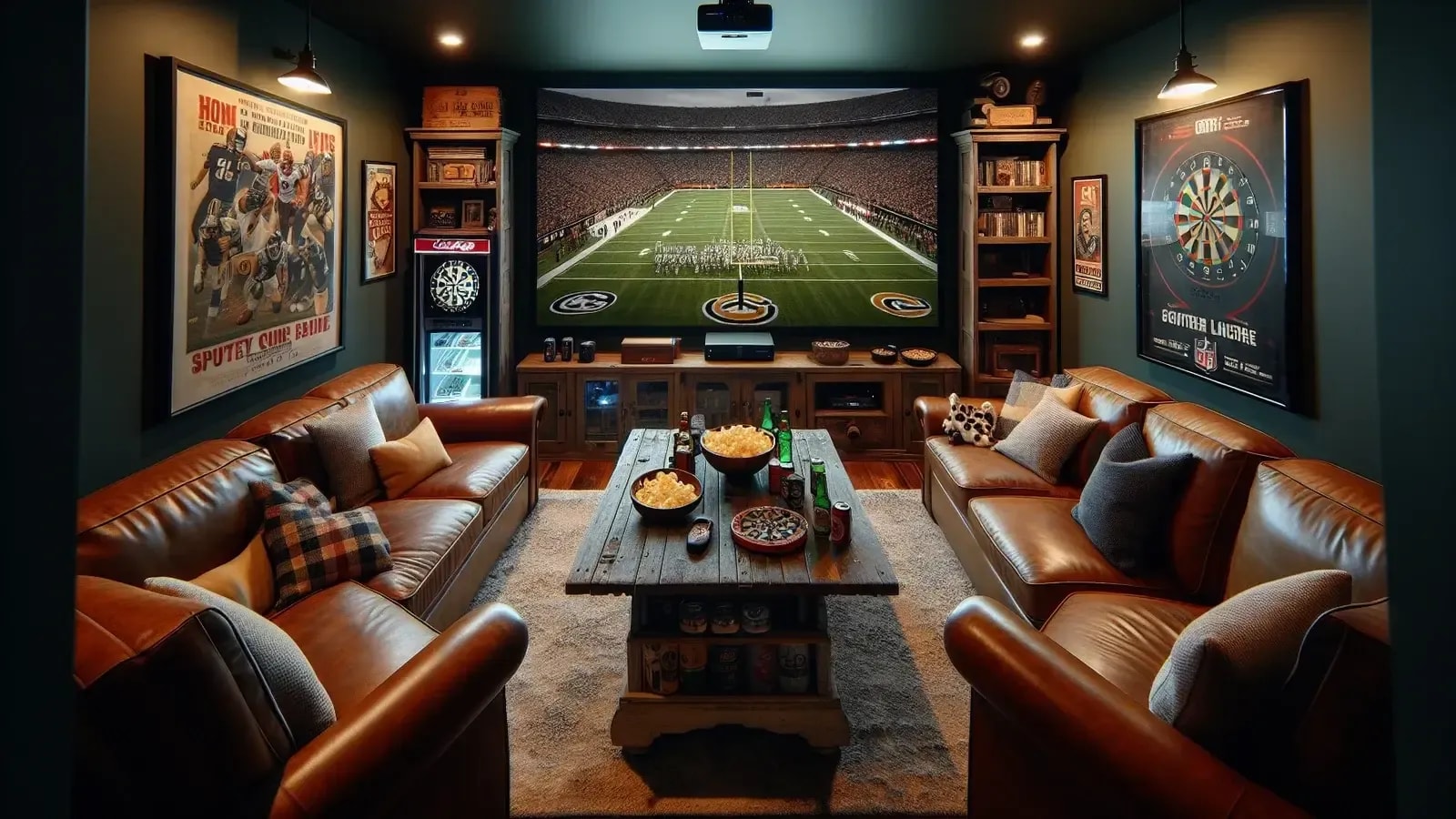 man cave with couches and tv