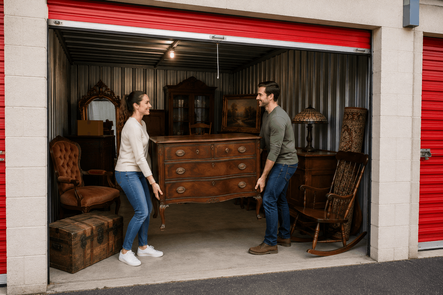 couple moving antique furniture into a storage unit