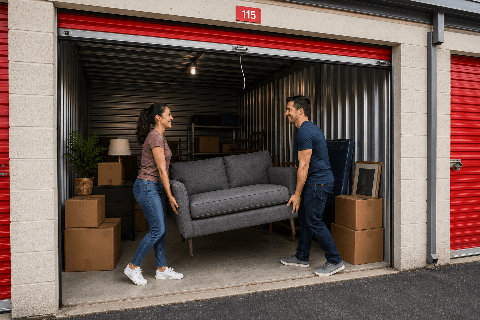 a couple moving furniture into a storage unit