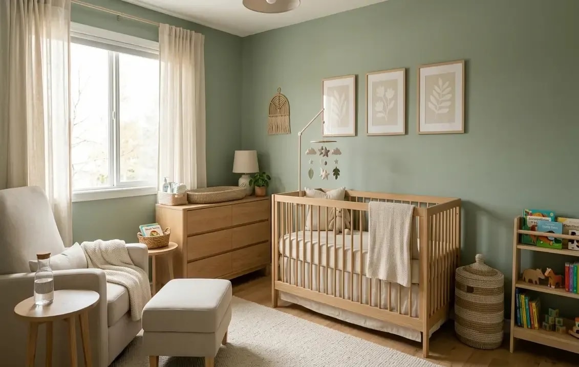 small nursery with green wall