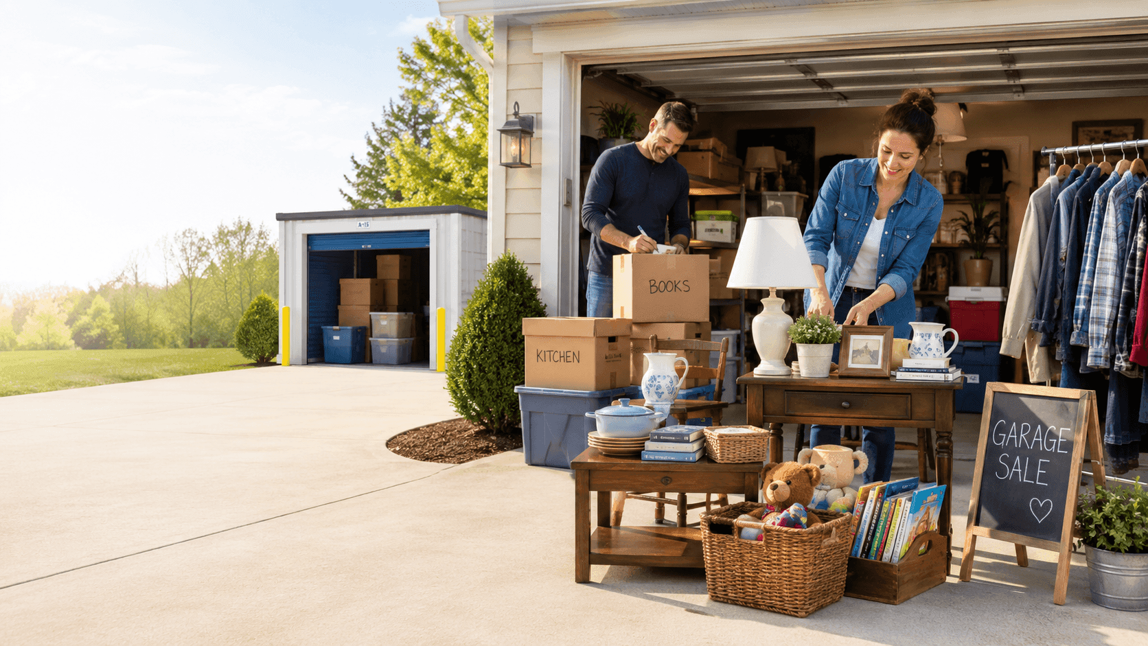 couple having a garage sale and a storage unit next door
