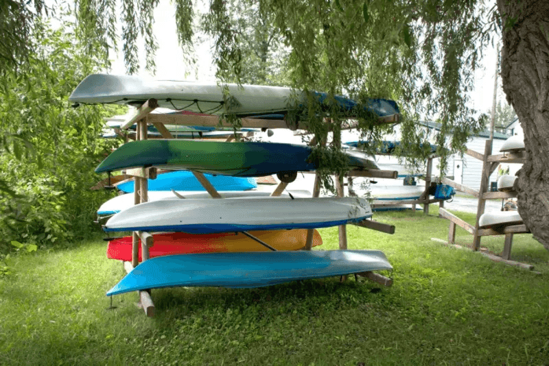 kayaks on a rack outside