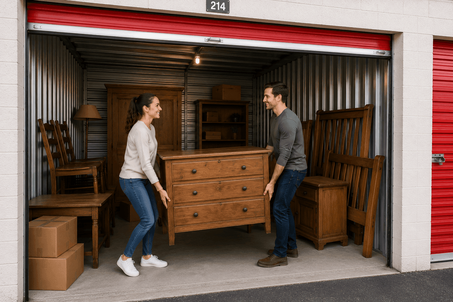 couple moving wood furniture into a storage unit